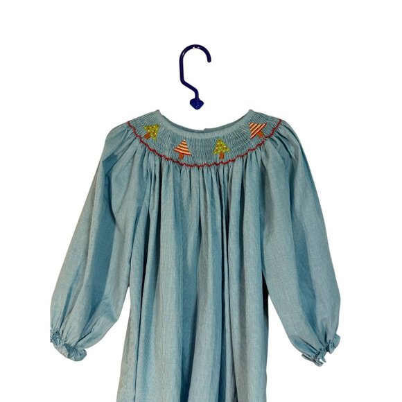 Lolly Wolly Doodle Girls Blue Long-Sleeve Christmas Tree Smocked Dress size 7 - Picture 2 of 7
